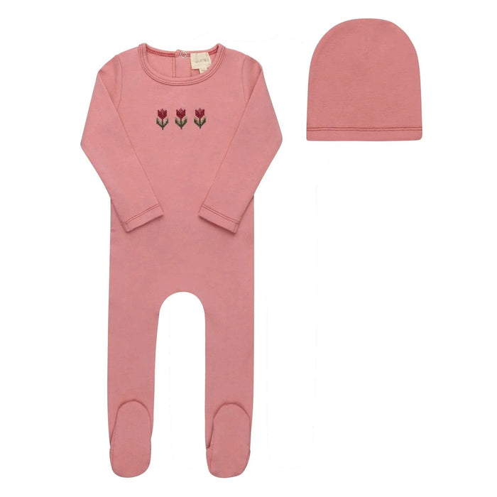 AURORA CLASSICS BABY GIRL FOOTIE + BEANIE COTTON CROSSSTICH TULIP COLLECTION PINK FOOTIE + BEANIE AURORA