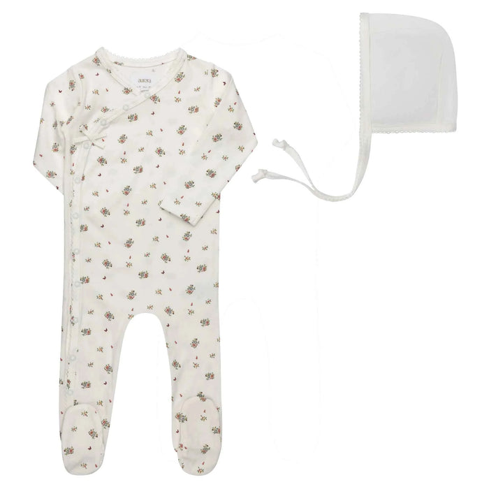 AURORA CLASSICS BABY GIRL FOOTIE + BONNET JERSEY COTTON FLORAL PRINT COLLECTION IVORY PINK FOOTIE + BONNET AURORA