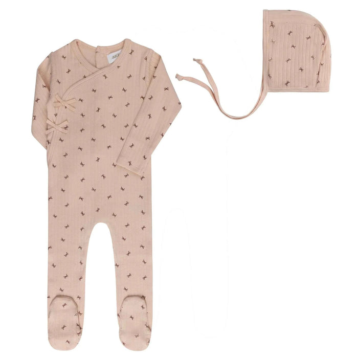 AURORA CLASSICS BABY GIRL FOOTIE + BONNET BOW PATTERN COLLECTION PINK FOOTIE + BONNET AURORA