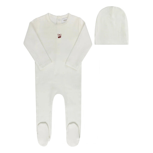 AURORA CLASSICS BABY GIRL FOOTIE + BEANIE POINTELLE BOW PRINT COLLECTION IVORY PINK FOOTIE + BEANIE AURORA