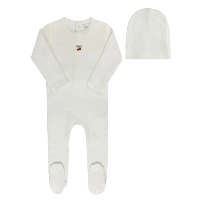 AURORA CLASSICS BABY GIRL FOOTIE + BEANIE POINTELLE BOW PRINT COLLECTION IVORY PINK FOOTIE + BEANIE AURORA