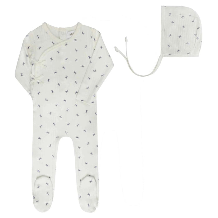 AURORA CLASSICS BABY GIRL FOOTIE + BONNET BOW PATTERN COLLECTION IVORY LILAC FOOTIE + BONNET AURORA