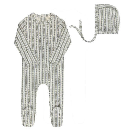 AURORA CLASSICS BABY FOOTIE + BONNET COTTON RIB LINEAR LEAF COLLECTION IVORY BLUE FOOTIE + BONNET AURORA