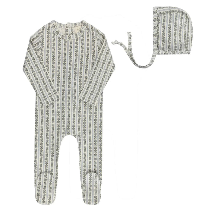 AURORA CLASSICS BABY FOOTIE + BONNET COTTON RIB LINEAR LEAF COLLECTION IVORY BLUE FOOTIE + BONNET AURORA