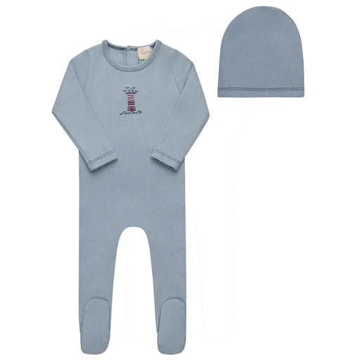 AURORA CLASSICS BABY BOY FOOTIE + BEANIE COTTON CROSSSTICH LIGHTHOUSE COLLECTION BLUE FOOTIE + BEANIE AURORA
