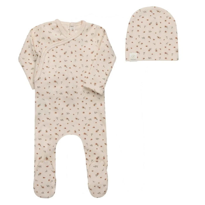 AURORA CLASSICS BABY FOOTIE AND BEANIE – FLORAL RIB COLLECTION IVORY PINK FOOTIE + BEANIE AURORA