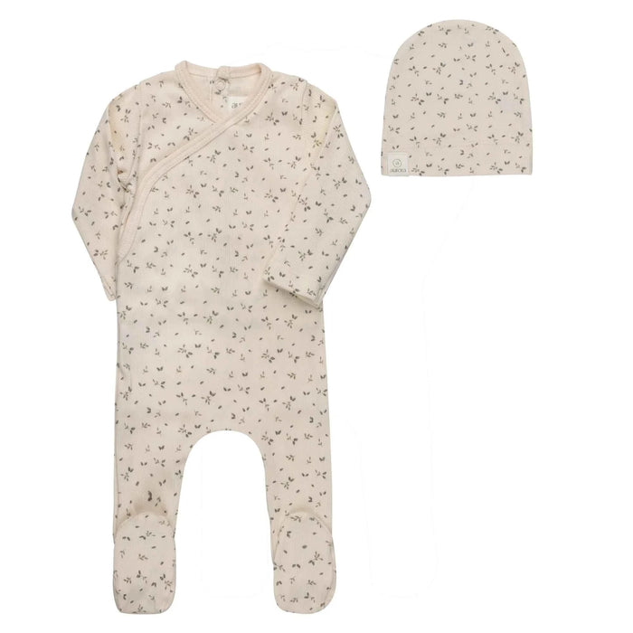 AURORA CLASSICS BABY FOOTIE AND BEANIE – FLORAL RIB COLLECTION IVORY BLUE FOOTIE + BEANIE AURORA