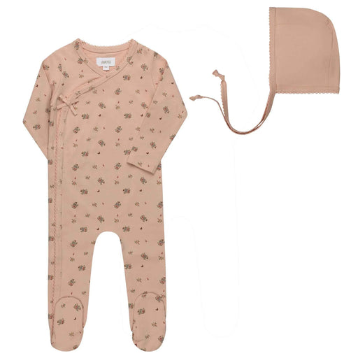 AURORA CLASSICS BABY GIRL FOOTIE + BONNET JERSEY COTTON FLORAL PRINT COLLECTION PINK FOOTIE + BONNET AURORA