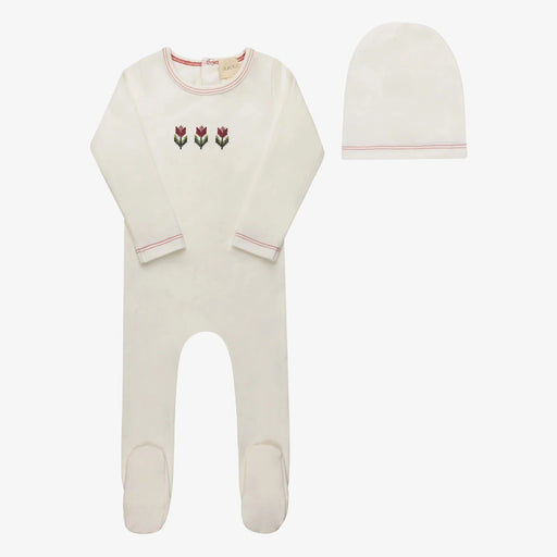 AURORA CLASSICS BABY GIRL FOOTIE + BEANIE COTTON CROSSSTICH TULIP COLLECTION IVORY PINK FOOTIE + BEANIE AURORA