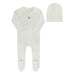AURORA CLASSICS BABY GIRL FOOTIE + BEANIE POINTELLE BOW PRINT COLLECTION IVORY LILAC FOOTIE + BEANIE AURORA