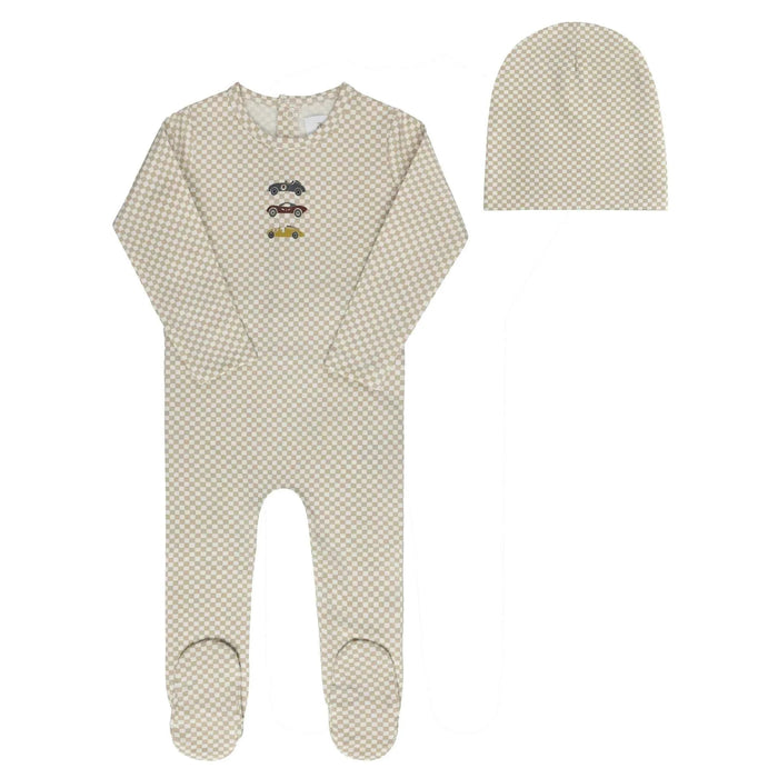 AURORA CLASSICS BABY BOY FOOTIE + BEANI JERSEY COTTON CHECKED RACE CAR COLLECTION TAN FOOTIE + BEANIE AURORA