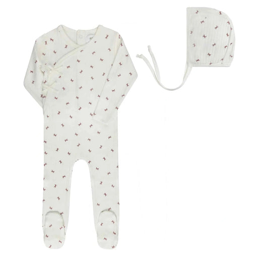 AURORA CLASSICS BABY GIRL FOOTIE + BONNET BOW PATTERN COLLECTION IVORY RED FOOTIE + BONNET AURORA