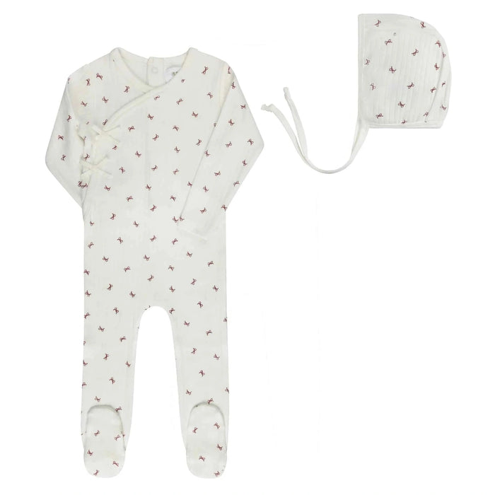 AURORA CLASSICS BABY GIRL FOOTIE + BONNET BOW PATTERN COLLECTION IVORY RED FOOTIE + BONNET AURORA