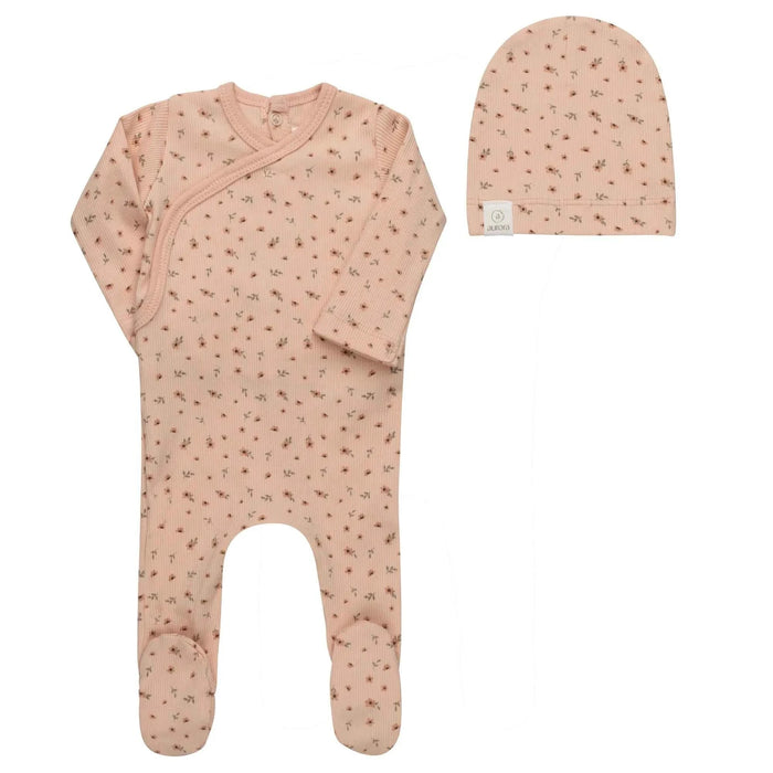 AURORA CLASSICS BABY FOOTIE AND BEANIE – FLORAL RIB COLLECTION PINK FOOTIE + BEANIE AURORA
