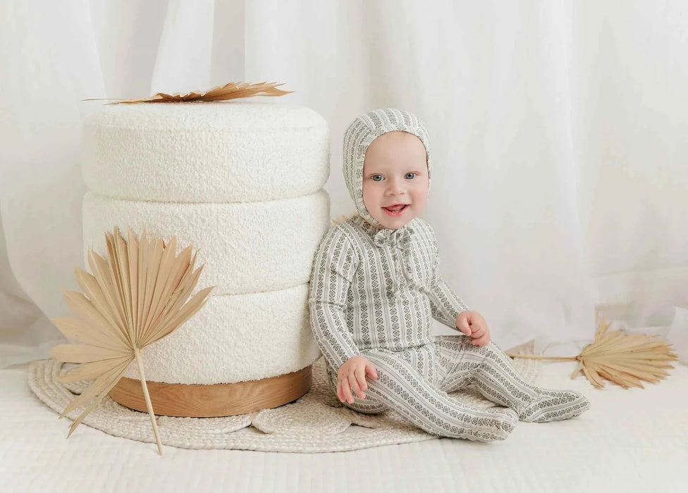 AURORA CLASSICS BABY FOOTIE + BONNET COTTON RIB LINEAR LEAF COLLECTION FOOTIE + BONNET AURORA