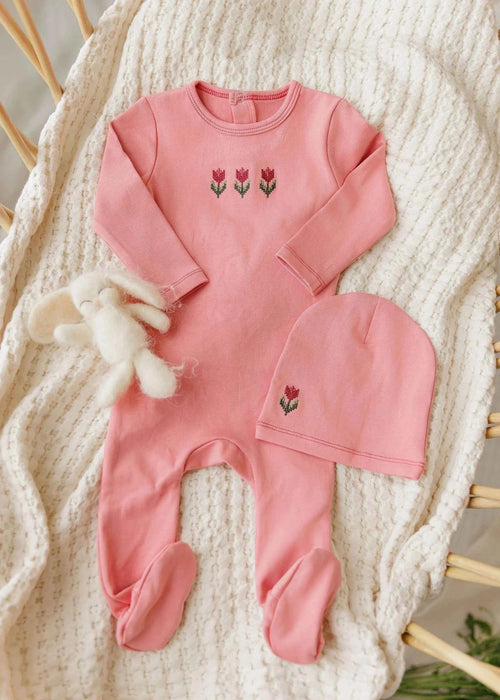 AURORA CLASSICS BABY GIRL FOOTIE + BEANIE COTTON CROSSSTICH TULIP COLLECTION FOOTIE + BEANIE AURORA