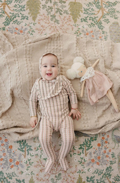 AURORA CLASSICS BABY FOOTIE + BONNET COTTON RIB LINEAR LEAF COLLECTION FOOTIE + BONNET AURORA
