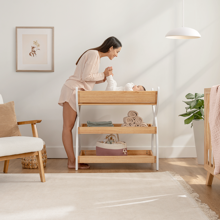 Baby Changing Table by Comfy Cubs - Natural Wood With White Legs Changing Table Comfy Cubs