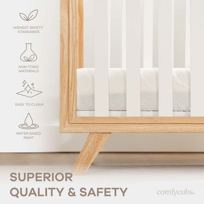 Baby Crib for 0 to 3 Years - White Bars and Natural Wood Frame and Legs Cribs Comfy Cubs