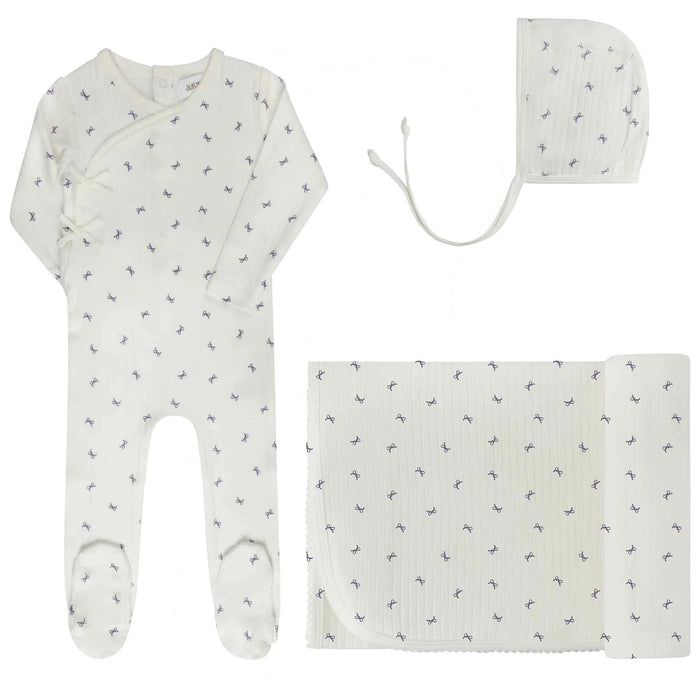 AURORA CLASSICS BABY GIRL LAYETTE SET/TAKE ME HOME SET BOW PATTERN COLLECTION IVORY LILAC TAKE ME HOME SET AURORA
