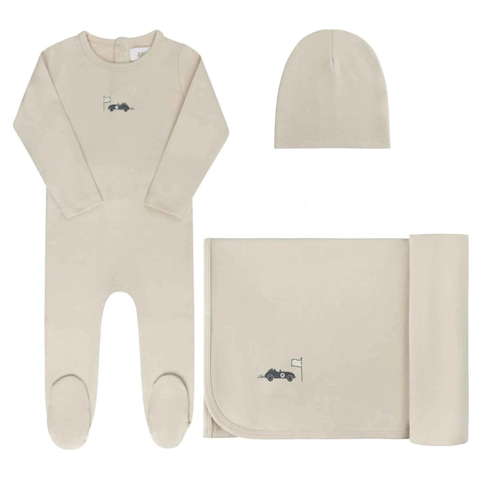 AURORA CLASSICS BABY BOY LAYETTE SET/TAKE ME HOME SET JERSEY COTTON RACE CAR COLLECTION TAN TAKE ME HOME SET AURORA