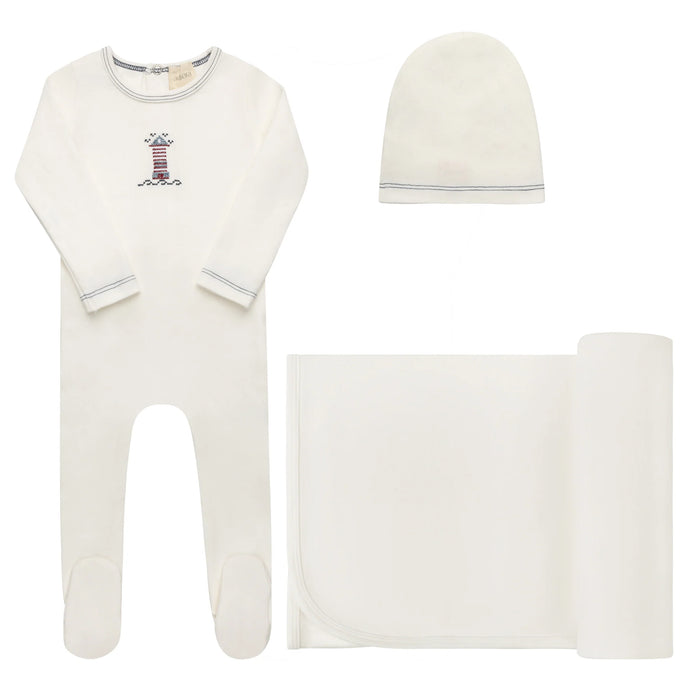 AURORA CLASSICS BABY BOY LAYETTE SET/TAKE ME HOME SET COTTON CROSSSTICH LIGHTHOUSE COLLECTION IVORY BLUE TAKE ME HOME SET Little Luxury