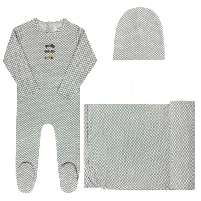 AURORA CLASSICS BABY BOY LAYETTE SET/TAKE ME HOME SET JERSEY COTTON CHECKED RACE CAR COLLECTION BLUE TAKE ME HOME SET AURORA