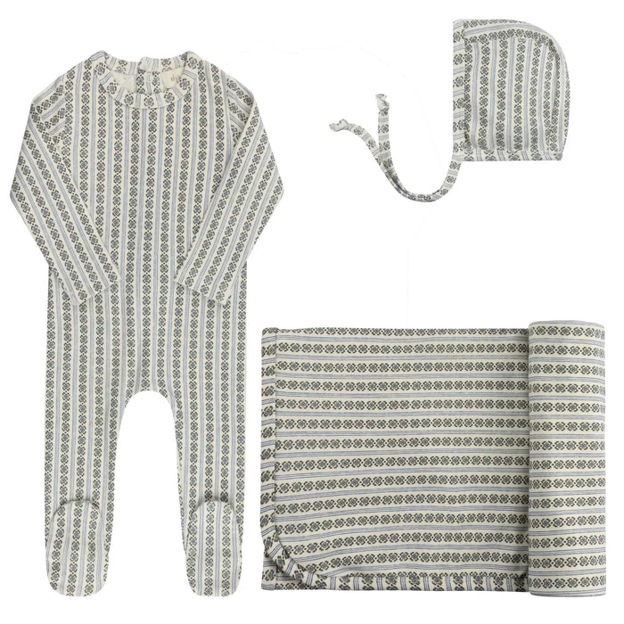 AURORA CLASSICS BABY LAYETTE SET/TAKE ME HOME SET COTTON RIB LINEAR LEAF COLLECTION IVORY BLUE TAKE ME HOME SET AURORA