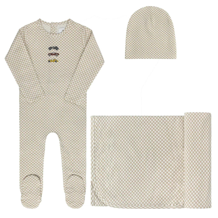 AURORA CLASSICS BABY BOY LAYETTE SET/TAKE ME HOME SET JERSEY COTTON CHECKED RACE CAR COLLECTION TAN TAKE ME HOME SET AURORA