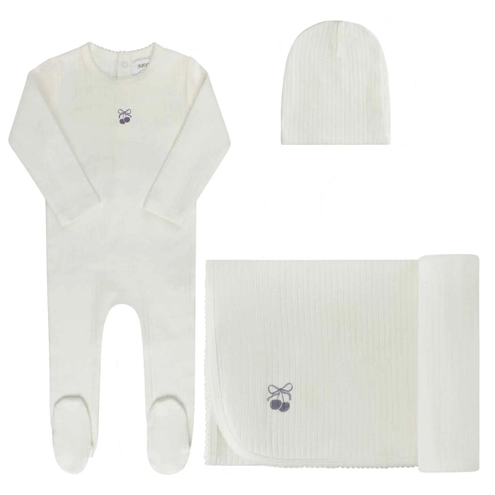 AURORA CLASSICS BABY GIRL LAYETTE SET/TAKE ME HOME SET POINTELLE BOW PRINT COLLECTION IVORY LILAC TAKE ME HOME SET AURORA