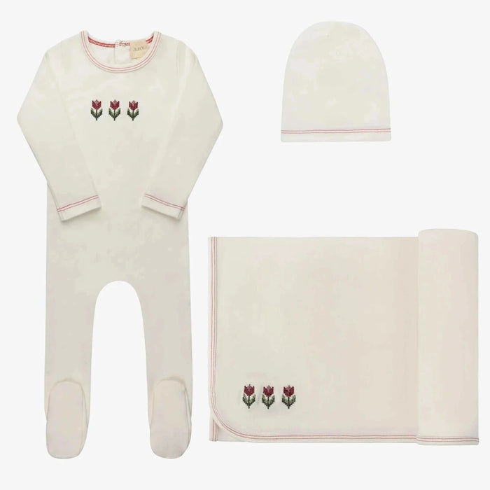 AURORA CLASSICS BABY GIRL LAYETTE SET/TAKE ME HOME COTTON CROSSSTICH TULIP COLLECTION IVORY PINK TAKE ME HOME SET AURORA