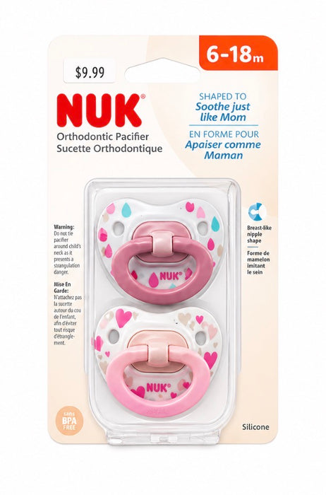 NUK ORTHODONTIC PACIFIER, 6-18 MONTHS, 2 PACK, ASSORTED COLORS PACIFIER NUK USA