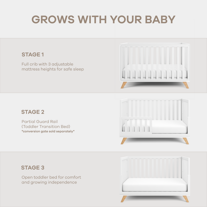 Baby Crib for 0 to 3 Years - White Bars and Frame and Natural Wood Leg Cribs Comfy Cubs
