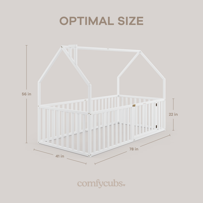 Kids House Gated Floor Bed Twin Size for Children Aged 5+, White Kids Gated Floor Bed Comfy Cubs