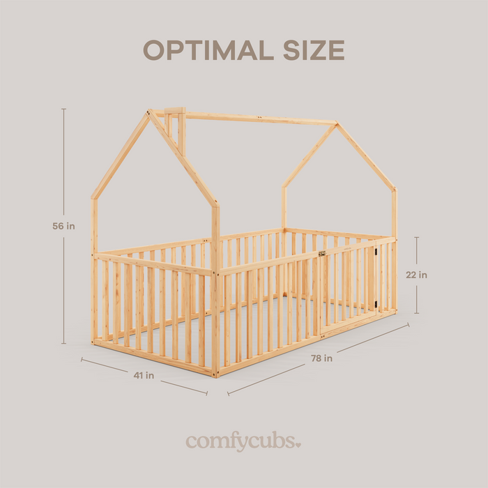 Kids House Gated Floor Bed Twin Size for Children Aged 5+, Natural Wood Kids Gated Floor Bed Comfy Cubs