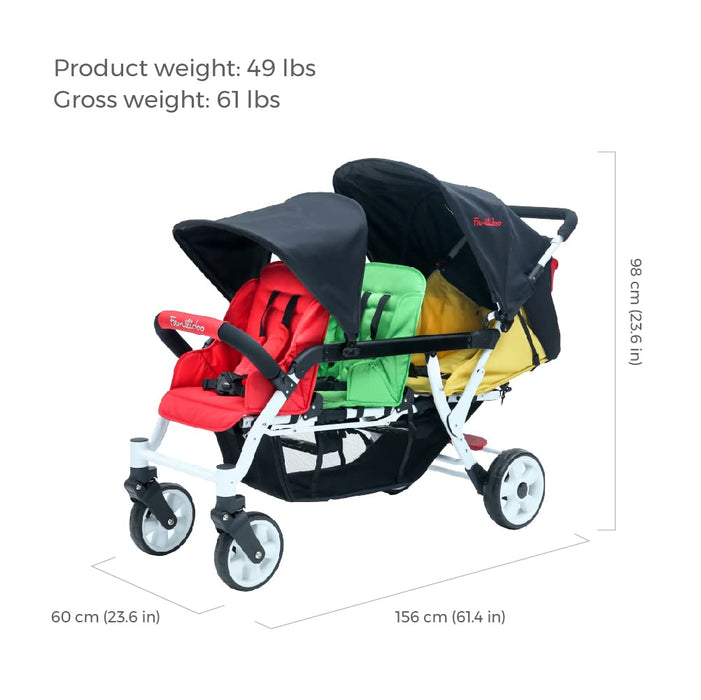 FAMILIDOO H3E 3 SEAT BABY STROLLER - DOUBLE CANOPY TRIPLET STROLLER WITH RECLINING SEATS - DAYCARE STROLLERS FOR 3 KIDS