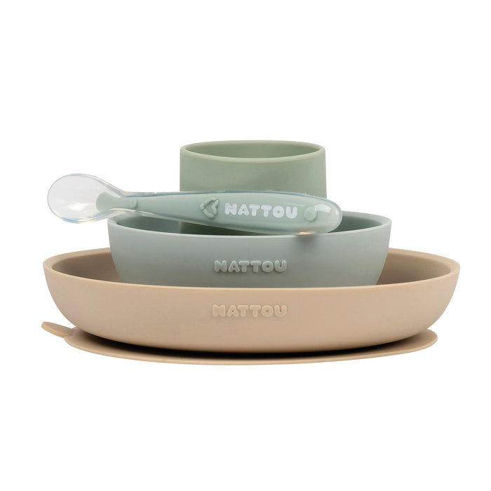 Nattou Silicone Children’s Tableware Set 4-Piece with Non-Slip Suction Plate & Bowl Green Dinnerware Sets M4A