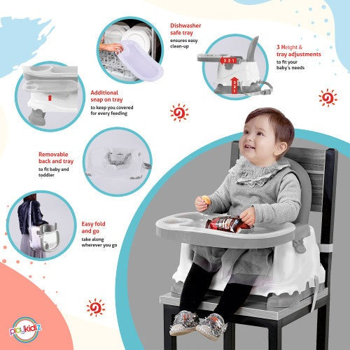 PLAYKIDIZ BOOSTER SEAT FOR DINING TABLE, PORTABLE HIGHCHAIR EASY FOLD AND GO. SMART CLEAN SNAP-ON TRAY