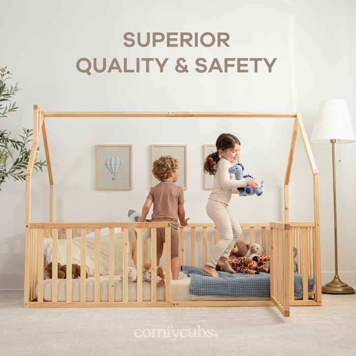 Kids House Gated Floor Bed Twin Size for Children Aged 5+, Natural Wood Kids Gated Floor Bed Comfy Cubs