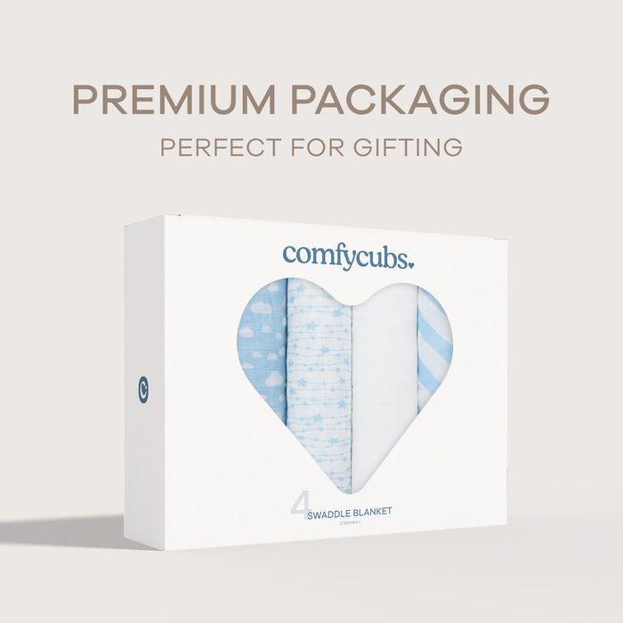 Muslin Swaddle Blankets, 4 Pack by Comfy Cubs - Blue Swaddles Comfy Cubs