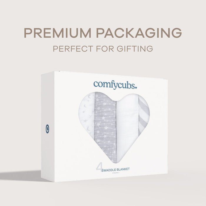 Muslin Swaddle Blankets, 4 Pack by Comfy Cubs - Grey Swaddles Comfy Cubs