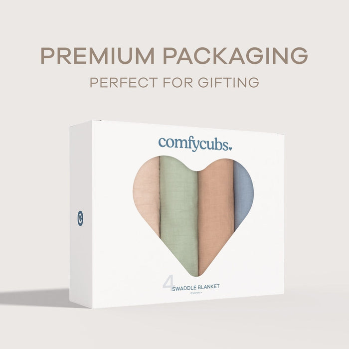 Muslin Swaddle Blankets, 4 Pack by Comfy Cubs - Pacific, Cedar, Sage, Blush Swaddles Comfy Cubs