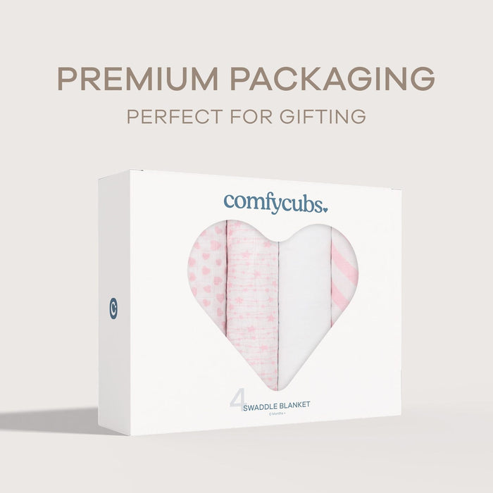 Muslin Swaddle Blankets, 4 Pack by Comfy Cubs - Pink Swaddles Comfy Cubs