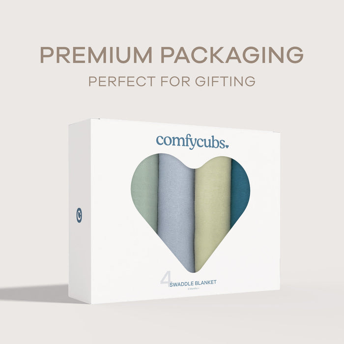 Muslin Swaddle Blankets, 4 Pack by Comfy Cubs - Sage, Pacific Blue, Fern, Neptune Swaddles Comfy Cubs