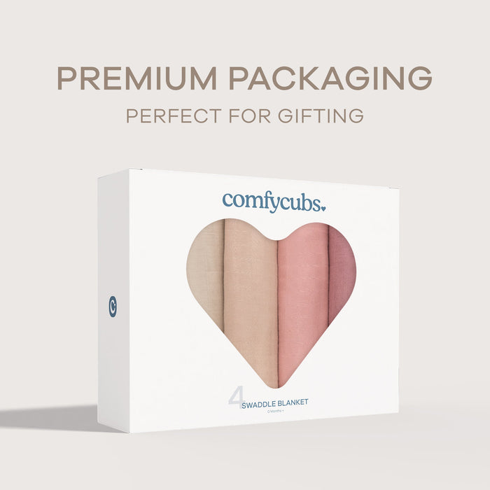 Muslin Swaddle Blankets, 4 Pack by Comfy Cubs - Cream, Blush, Bold Blush, Mauve Swaddles Comfy Cubs