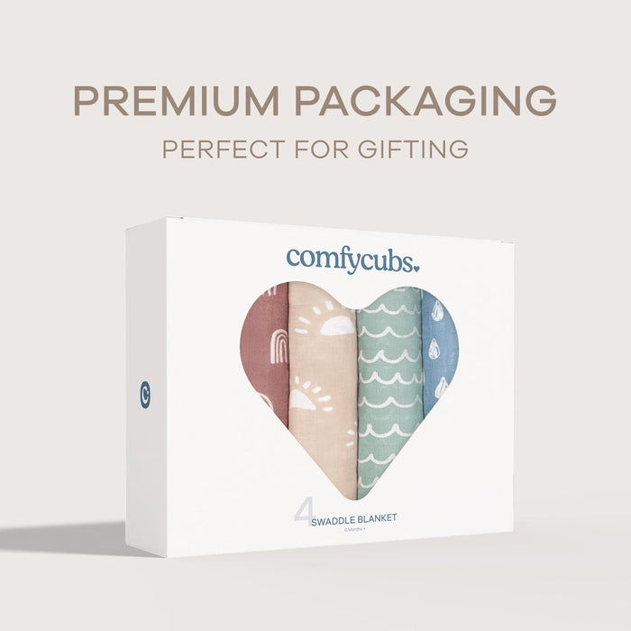 Muslin Swaddle Blankets, 4 Pack by Comfy Cubs - Sun, Rainbow, Rain & Doodle Swaddles Comfy Cubs