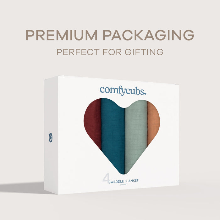 Muslin Swaddle Blankets, 4 Pack by Comfy Cubs - Wine, Neptune, Fern, Caramel Swaddles Comfy Cubs