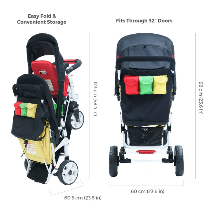 FAMILIDOO H3E 3 SEAT BABY STROLLER - DOUBLE CANOPY TRIPLET STROLLER WITH RECLINING SEATS - DAYCARE STROLLERS FOR 3 KIDS