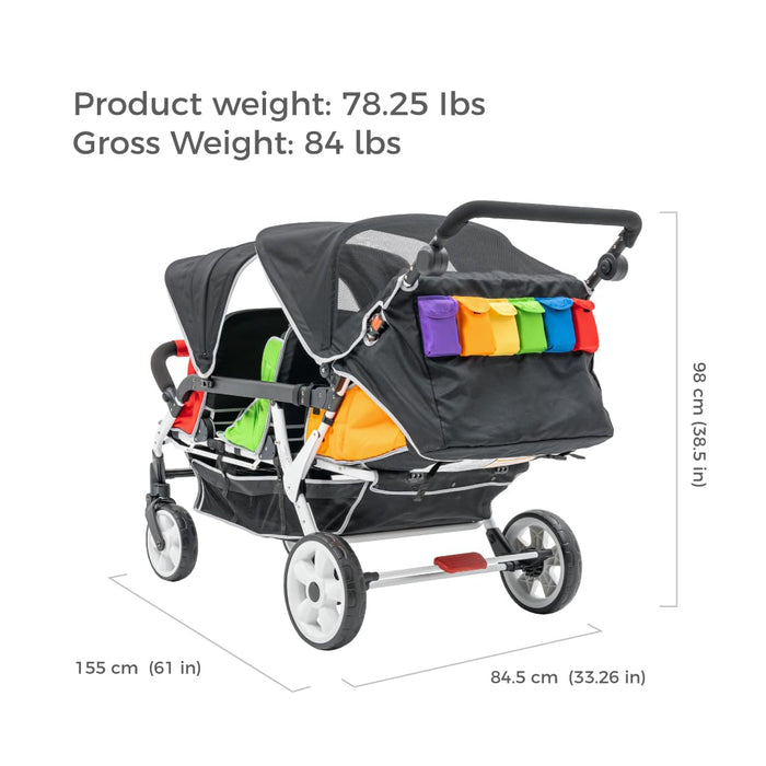 FAMILIDOO H6E 6 SEAT BABY STROLLER- DOUBLE CANOPY - DAYCARE STROLLERS WITH 5 POINT SAFETY HARNESS