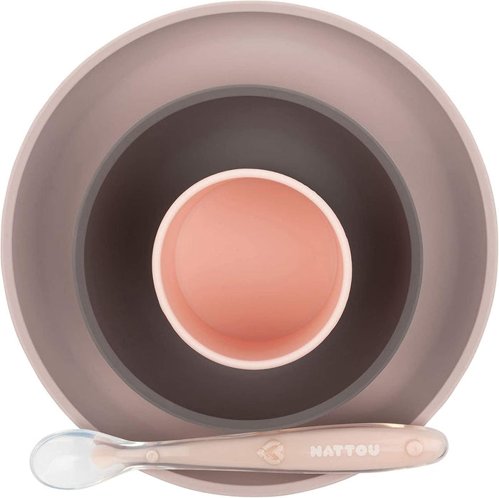 Nattou Silicone Children’s Tableware Set 4-Piece with Non-Slip Suction Plate & Bowl Dinnerware Sets M4A